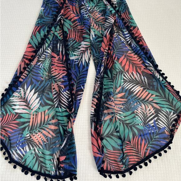 Tropical Leaf Print Boho Beach Lightweight Flowy Pants with Pom-Pom Trim Size S - Picture 10 of 11